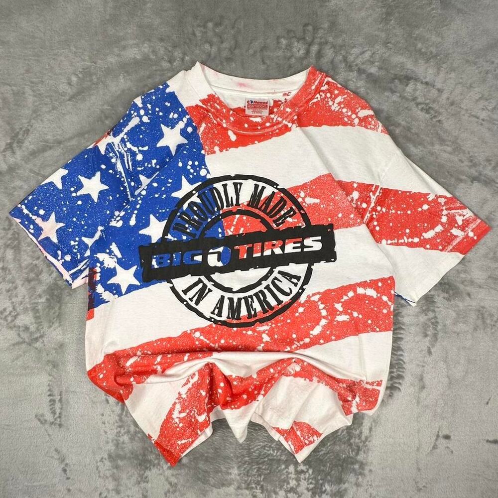 Vintage 90’s Big O’ Tires American Flag AOP Single Stitch T-Shirt USA Large